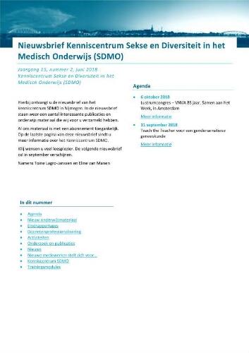 Nieuwsbrief Kenniscentrum Sekse en Diversiteit in het Medisch Onderwijs (SDMO) [2018], 2