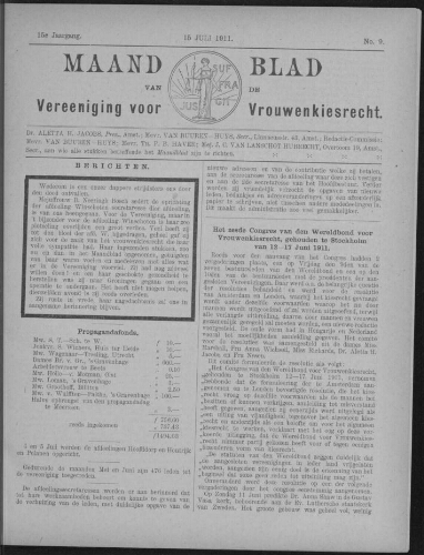 Maandblad van de Vereeniging voor Vrouwenkiesrecht  1911, jrg 15, no 9 [1911], 9