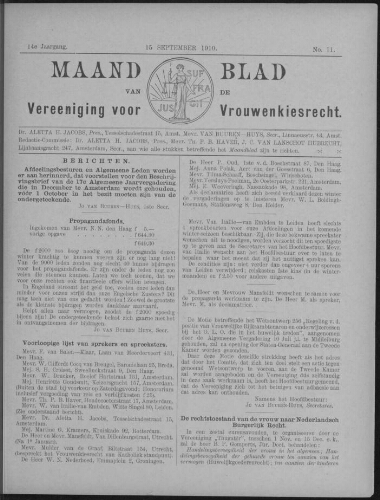 Maandblad van de Vereeniging voor Vrouwenkiesrecht  1910, jrg 14, no 11 [1910], 11