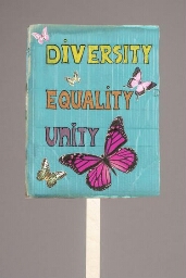 Protestbord 'Diversity, Equality, Unity', gebruikt voor de Women's March in 2020
