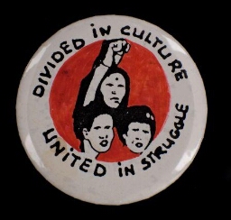 'divided in culture united in struggle'. Button