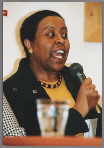 Domenica Ghideï tijdens de nieuwjaarsborrel van Zami 2002 over vluchtelingenvrouwen in samenwerking met MCE (Projectbureau Multiculturalisatie en Emancipatie, voorheen Emancipatiebureau Amsterdam). 2002