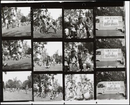 blad met 12 kleine foto's van spelende kinderen, toekijkende volwassenen en een busje met daarop een spandoek met de tekst: 'Geen bezuiniging op de kinderdagverblijven 1982?