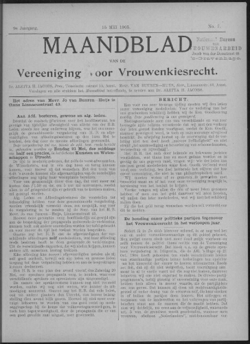 Maandblad van de Vereeniging voor Vrouwenkiesrecht  1905, jrg 9, no 7 [1905], 7