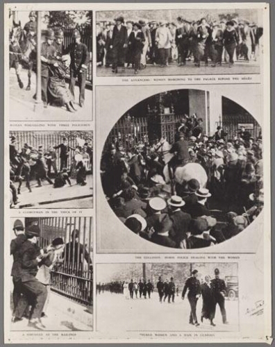 Fotopagina uit tijdschrift met verschillende foto's over een actie van Engelse suffragettes 1914