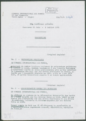 Résolutions XXIe Conférence plénière Vancouver 21 juin - 2 juillet 1976