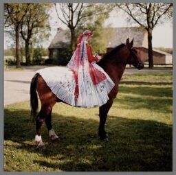 Vrouw te paard in folkloristische Iraanse kleding. 1997