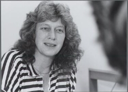 Sylvia Borren, werkzaam bij Stichting de Beuk en oprichter International Lesbian Information Service (ILIS) geportretteerd tijdens het congres '5 jaar na Nairobi'. 1990
