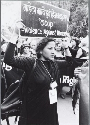 Stil protest tegen alle vormen van geweld tegen vrouwen in de wereld, tijdens de wereldvrouwenconferentie in China. 1995