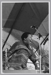 Jazz zangeres en muzikante Rosa King tijdens de viering van 5 mei 1984 in het Vondelpark te Amsterdam. 1984
