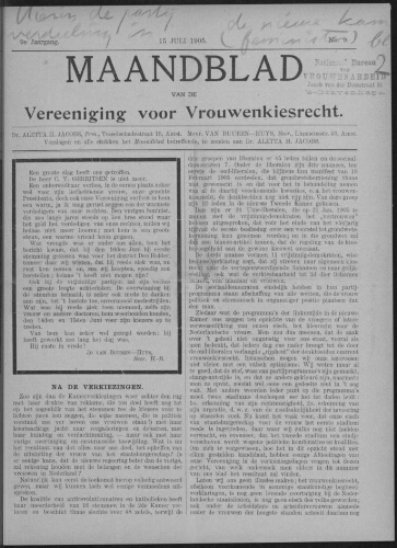 Maandblad van de Vereeniging voor Vrouwenkiesrecht  1905, jrg 9, no 9 [1905], 9