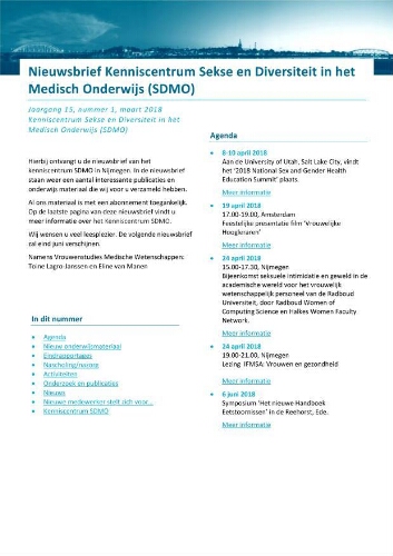 Nieuwsbrief Kenniscentrum Sekse en Diversiteit in het Medisch Onderwijs (SDMO) [2018], 1