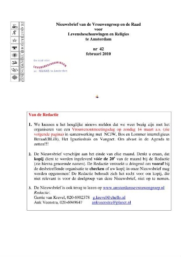 Nieuwsbrief van de vrouwengroep en de Raad voor  Levensbeschouwingen en Religies te Amsterdam [2010]