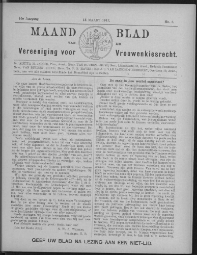 Maandblad van de Vereeniging voor Vrouwenkiesrecht  1912, jrg 16, no 5 [1912], 5