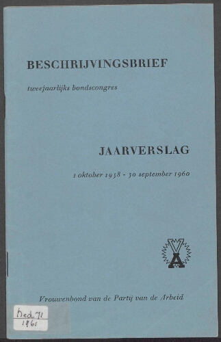 Beschrijvingsbrief voor het tweejaarlijks Bondscongres te houden op 20 en 21 april 1961 in de Dierentuin te Den Haag