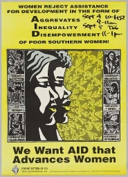 Beijing 1995: Women reject assistance for development in the form of Aggrevates Inequality Disempowerment of poor southern women. We Want AID that Advances Women