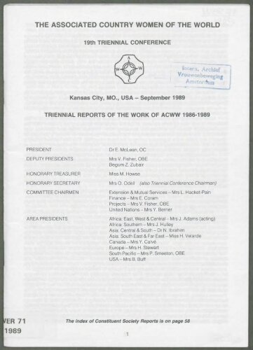 Triennial reports of the work of ACWW 1986-1989