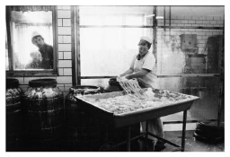 Vrouw werkzaam in het vleesverwerkingsbedrijf Coveco, op de darmafdeling. 1981