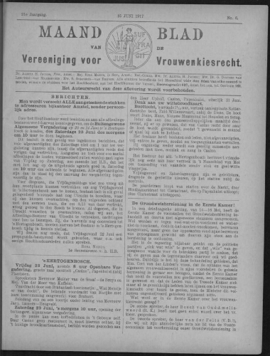 Maandblad van de Vereeniging voor Vrouwenkiesrecht  1917, jrg 21, no 6 [1917], 6