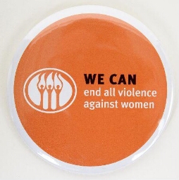 Button. 'We can end all violence against women'.