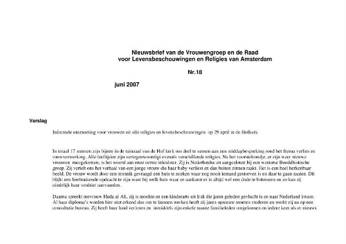 Nieuwsbrief van de vrouwengroep en de Raad voor  Levensbeschouwingen en Religies te Amsterdam [2007]