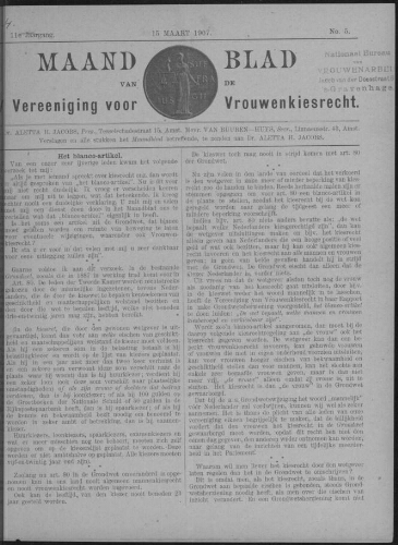 Maandblad van de Vereeniging voor Vrouwenkiesrecht  1907, jrg 11, no 5 [1907], 5