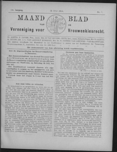 Maandblad van de Vereeniging voor Vrouwenkiesrecht  1914, jrg 18, no 7 [1914], 7