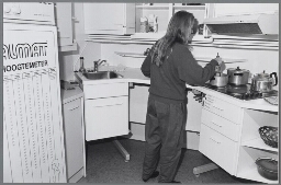 Illustraties bij het thema 'Wie zorgt er voor het huishouden als er geen huisvrouwen meer zijn ?' Vrouw in de keuken. 1989