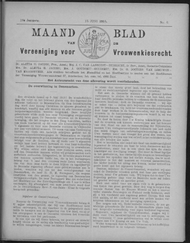 Maandblad van de Vereeniging voor Vrouwenkiesrecht  1915, jrg 19, no 6 [1915], 6