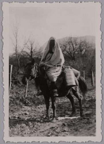 Vrouw met abaya en gezichtssluier op een muildier, Joegoslavië. 193?