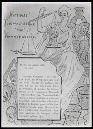 Prent ter gelegenheid van de Nationale Tentoonstelling van Vrouwenarbeid 1898 met de tekst: 'Du choc des opinions jaillit la vérité 1898
