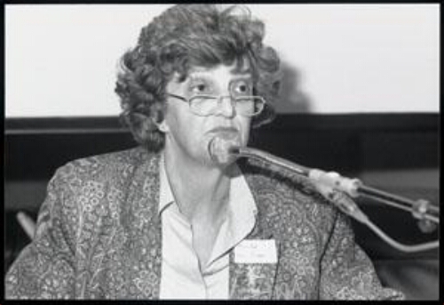 Hanke van Dam tijdens een bijeenkomst georganiseerd door de Emancipatieraad, naar aanleiding van het advies 'Nationaal Milieubeleidsplan en emancipatie' 1991