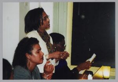 Hannah Belliot? tijdens een Zamicasa (eet- en activiteitencafé van Zami) georganiseerd in samenwerking met Stichting Ondersteuning Nationale Vrouwen Beweging in Suriname (SONVBS) 2000