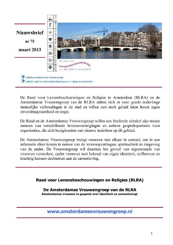 Nieuwsbrief van de vrouwengroep en de Raad voor  Levensbeschouwingen en Religies te Amsterdam [2013]