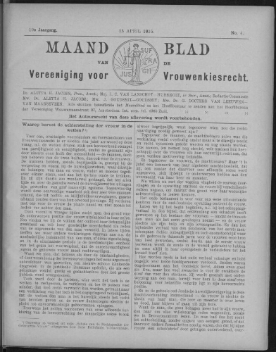 Maandblad van de Vereeniging voor Vrouwenkiesrecht  1915, jrg 19, no 4 [1915], 4