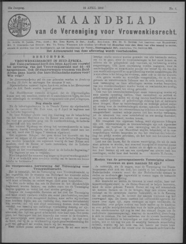 Maandblad van de Vereeniging voor Vrouwenkiesrecht  1919, jrg 23, no 4 [1919], 4