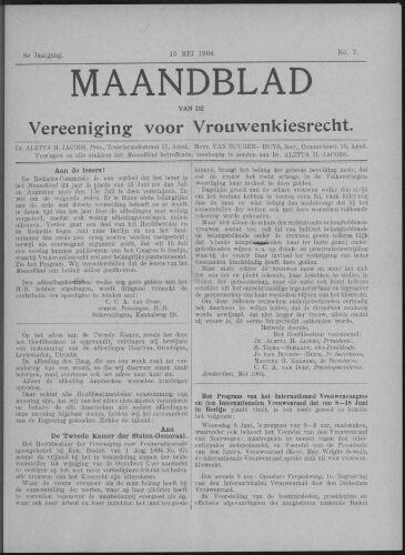 Maandblad van de Vereeniging voor Vrouwenkiesrecht  1904, jrg 8, no 7 [1904], 7