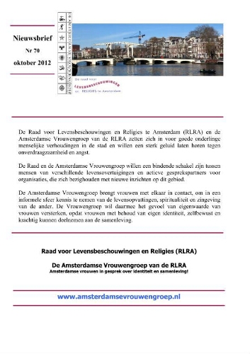 Nieuwsbrief van de vrouwengroep en de Raad voor  Levensbeschouwingen en Religies te Amsterdam [2012]